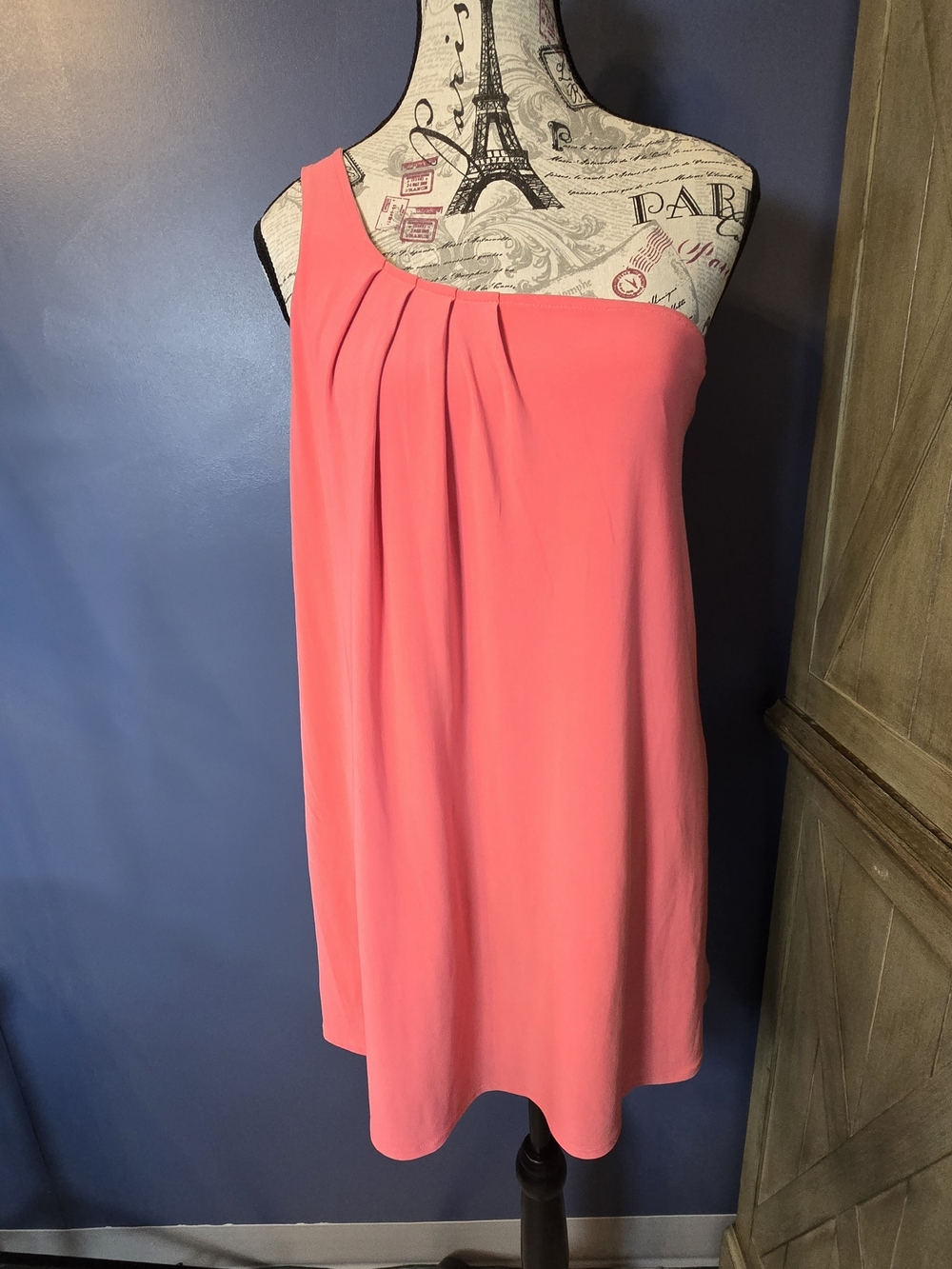 Judith March One Shoulder Coral Shift Dress Women's S Pleated Mini Cocktail